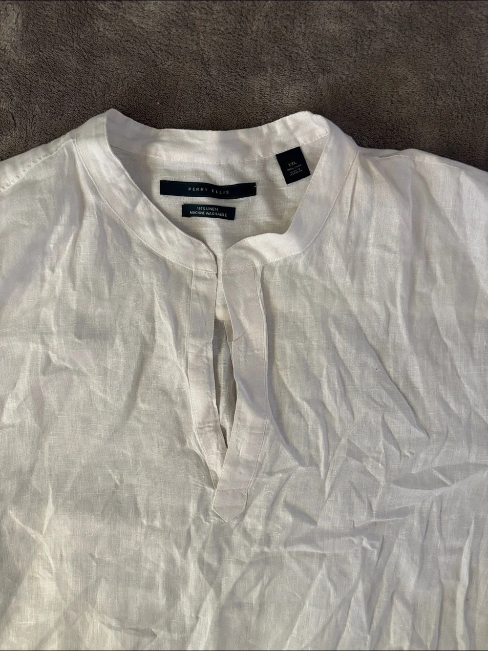 Perry Ellis Solid Men's White Linen Mandarin Collar Shirt Size XXL